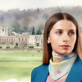 Woman wearing a colourful scarf with a scenic background of Chatsworth and greenery.